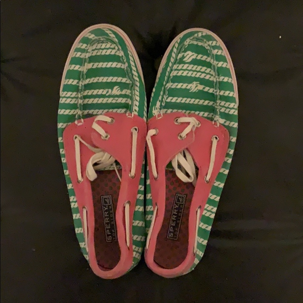 Pink and green canvas Sperrys - size 9